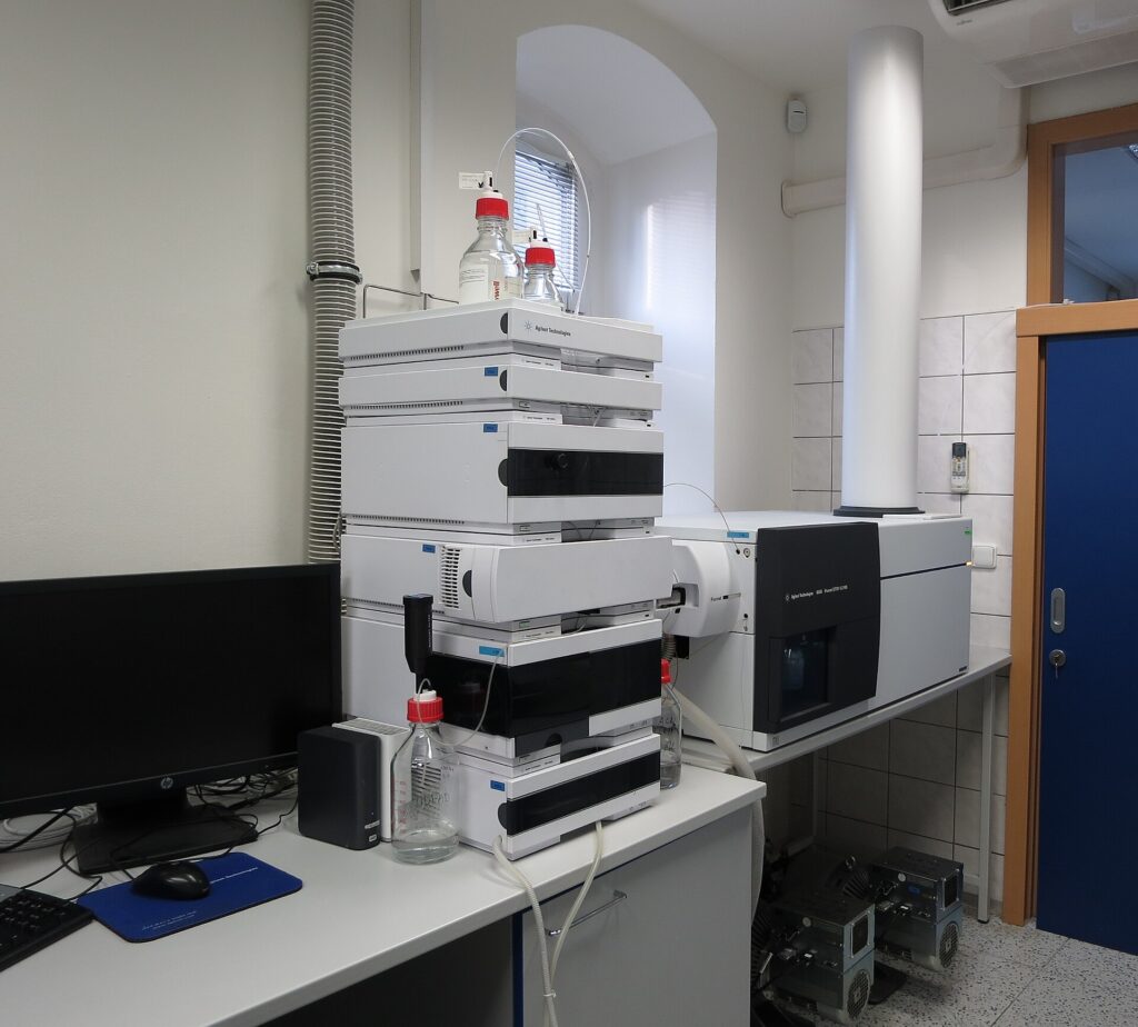 Liquid chromatograph mass spectrometer (LC-qTOF) in an analytical chemistry laboratory
