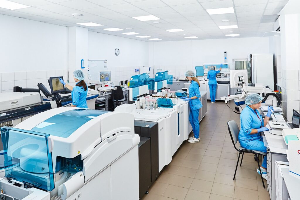 Scientists working in a modern research laboratory