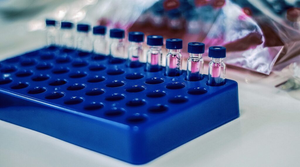 Rack of capped laboratory sample vials